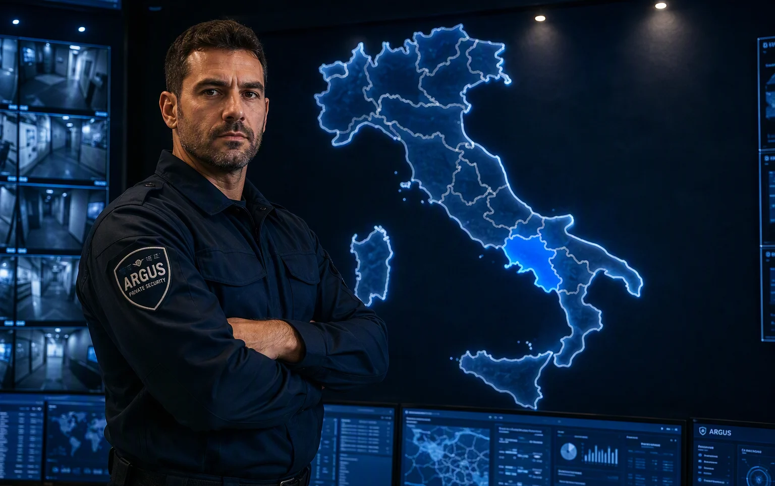 Operatore Argus Security davanti alla mappa dell'Italia con la Campania evidenziata